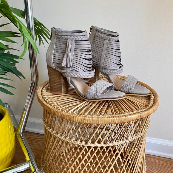 Beast Fashion Shoes - Beast Fashion Grey Fringe Block Heel Sandals 6.5